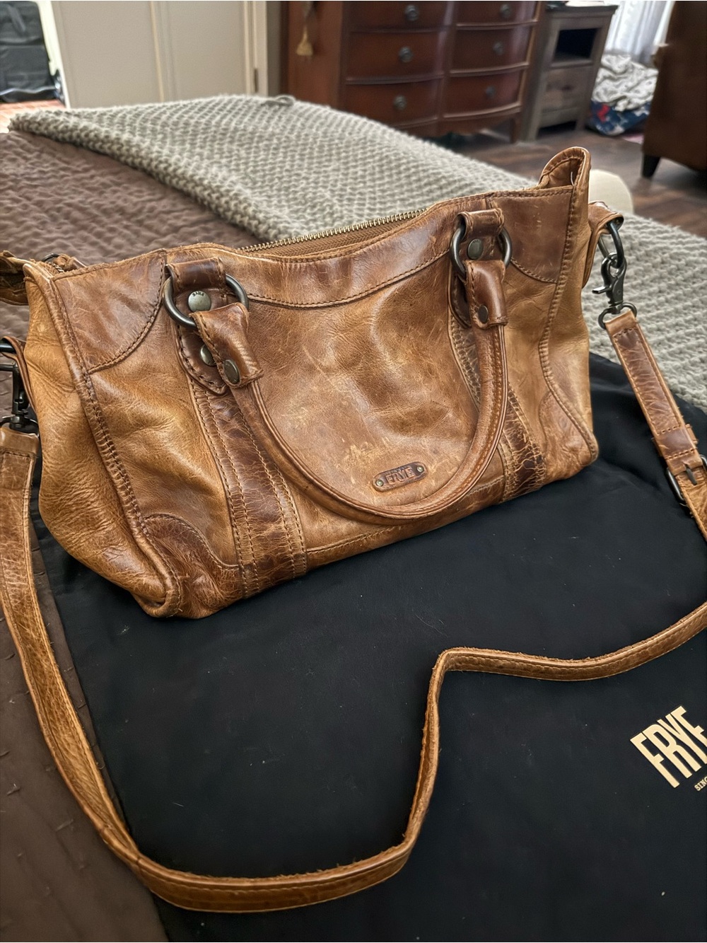 Frye Cognac Distressed Leather Satchel with Removable Strap